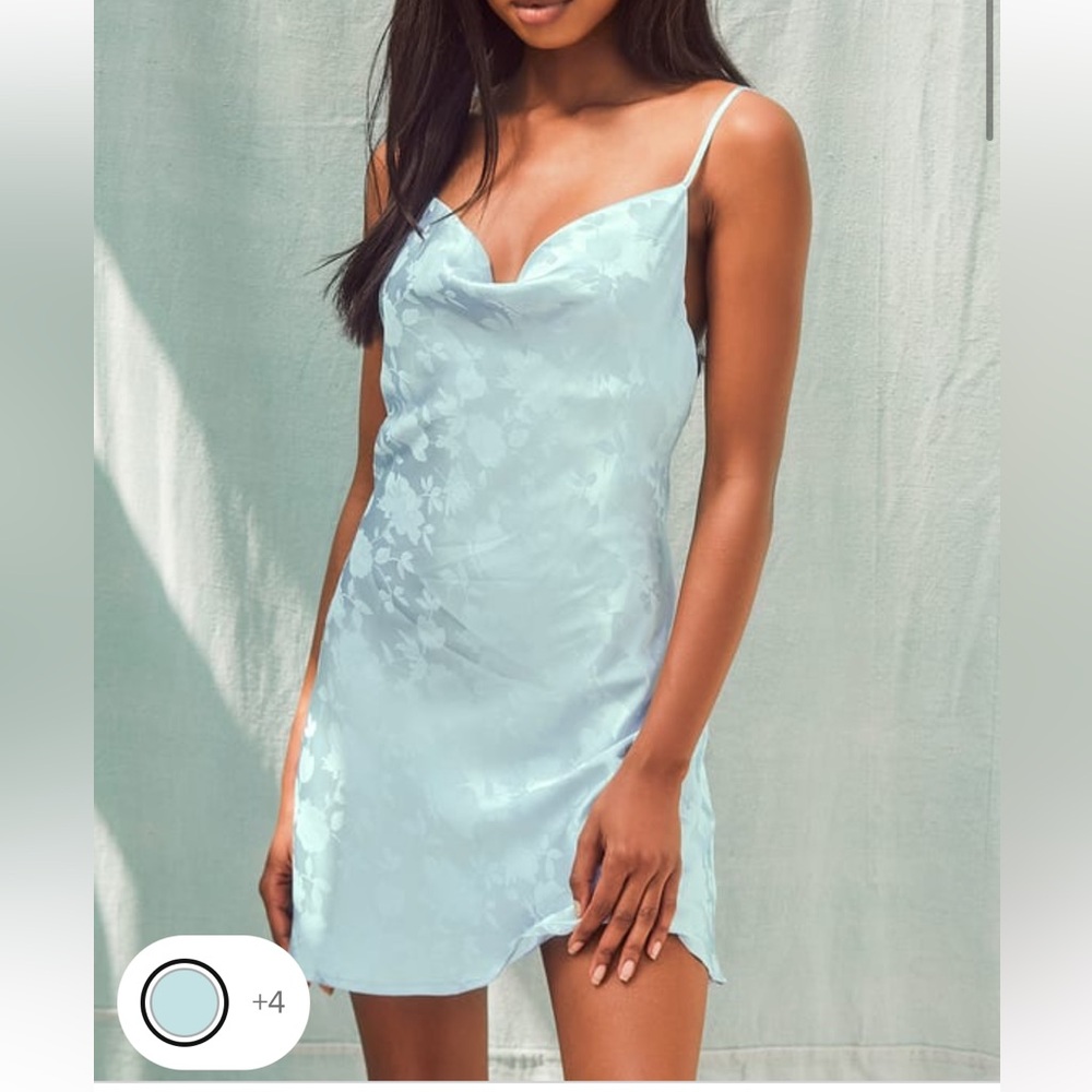 LuLu’s Close to your heart dusty blue satin jacquard cowl slip dress